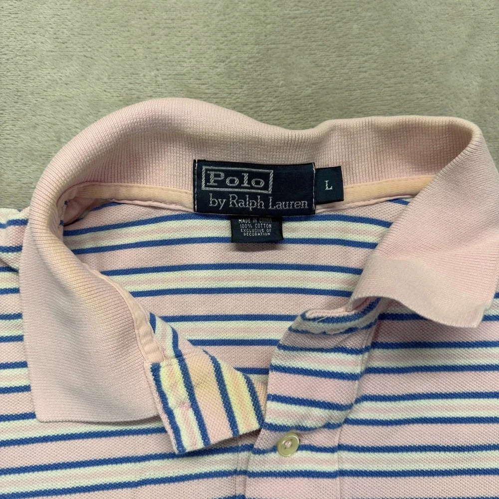 Vintage Polo Ralph Lauren Polo Shirt Mens L Pink Striped Short Sleeve Preppy Y2k